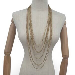 Crown Trifari Multi Strand Chain Statement Necklace Gold Tone 5 Chains Vintage